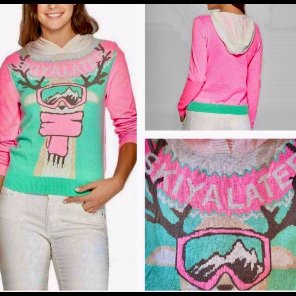 Holiday Sweater Juniors Reindeer Skiing Hooded Pullover Sweater Medium